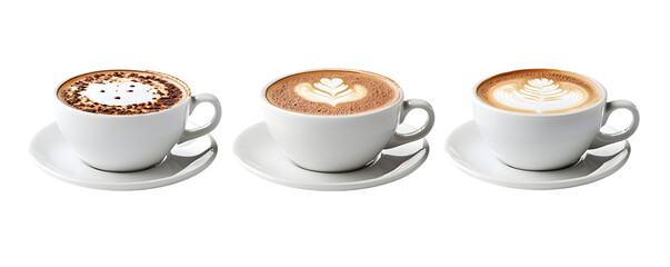 A trio of coffee cups featuring different types of coffee drinks, showcasing intricate foam art on top.