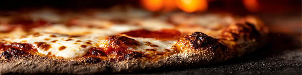 Close up view of a pepperoni pizza baking in a hot oven with flames visible