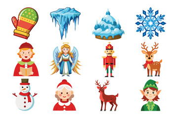 Fototapeta premium Festive christmas holiday elements collection featuring diverse seasonal illustrations and charming characters