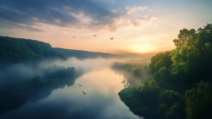Misty River Valley at Sunrise: A Serene Landscape of Nature's Beauty