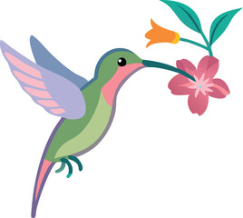 Obraz premium hummingbird, colorful bird, flower, nature, digital art, illustration, cute, vector, cartoon 