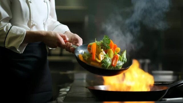 Culinary expert skillfully flips vibrant vegetables in a frying pan, showcasing flames and a busy kitchen atmosphere