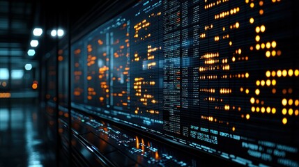 Lit data screens reflect on dark glossy floor