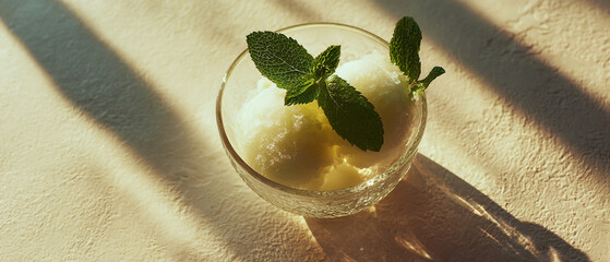 Close up of a glass bowl filled with sorbet and garnished with fresh mint leaves