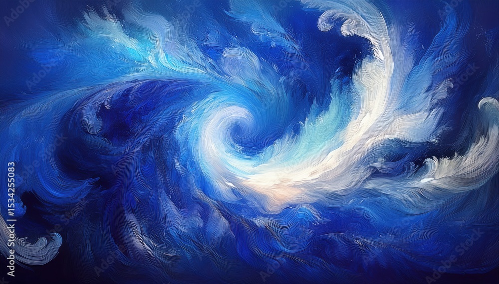 Poster abstract swirling blue and white energy vortex with dynamic brushstroke texture, evoking ocean waves
