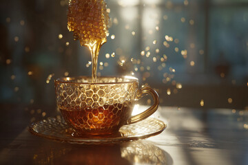 Honeycomb dripping honey into a decorative cup on a matching saucer plate
