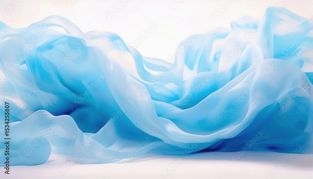 Poster ethereal blue silk wave abstraction with flowing translucent textures and soft gradient light, perfect for web design, luxury branding, print background, or modern minimalist packaging concept

