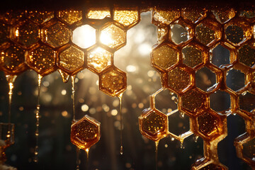 Close up of a honeycomb with honey dripping and sunlight shining through the cells