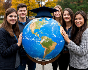 A group of students stands next to a large globe.