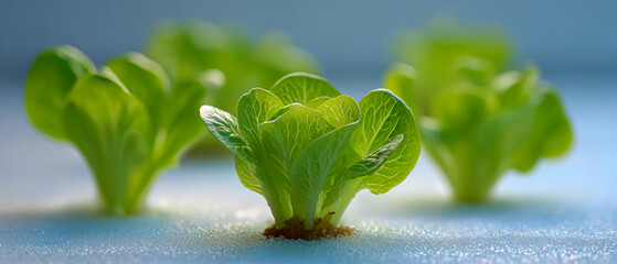 Close up shot of fresh green lettuce growing indoors in a hydroponic system