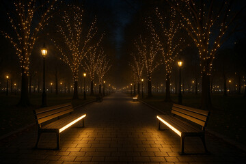 Atmospheric Park at Night with Lit Benches and String Lights