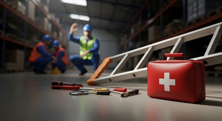 Obraz premium Warehouse Safety First Aid Kit Near Fallen Ladder and Injured Workers