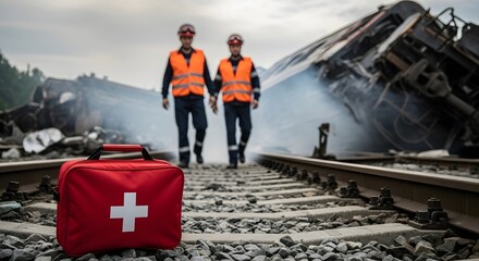 Emergency First Aid Kit on Railway Tracks near a Train Wreckage Workers Approach