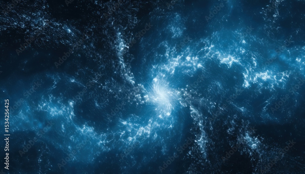 Poster glowing blue galactic vortex with swirling nebula and cosmic dust perfect for sci-fi web design, tec