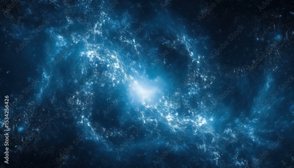 Poster glowing blue galactic vortex with swirling nebula and cosmic dust perfect for sci-fi web design, tec