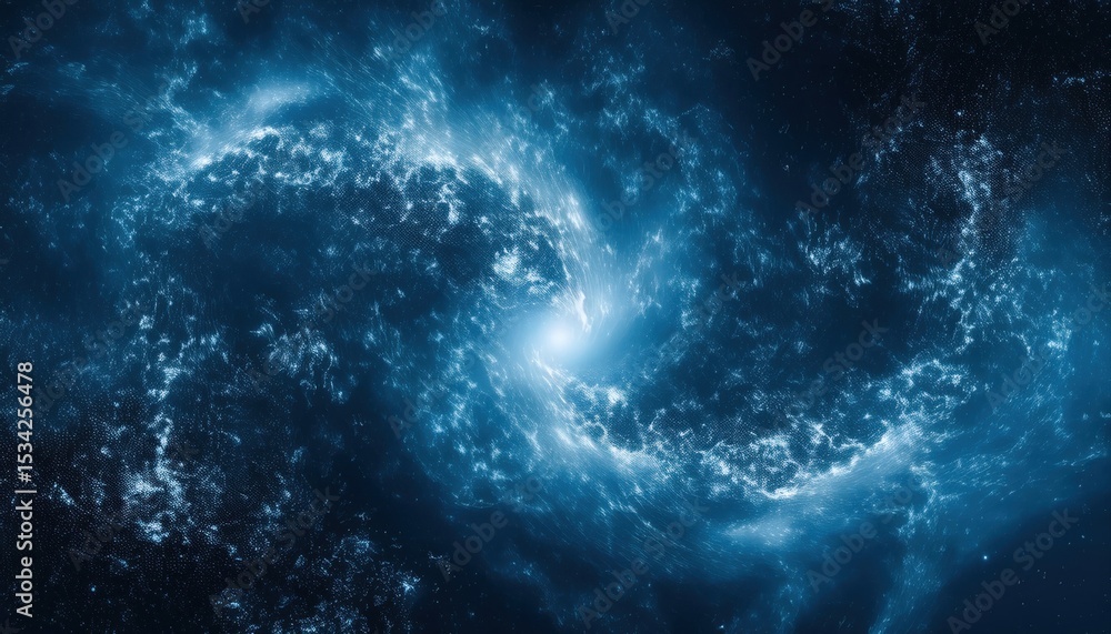 Poster glowing blue galactic vortex with swirling nebula and cosmic dust perfect for sci-fi web design, tec