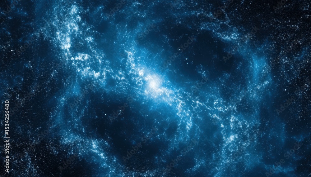Poster glowing blue galactic vortex with swirling nebula and cosmic dust perfect for sci-fi web design, tec