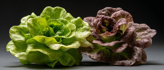 Close up studio shot of two heads of butter lettuce one green and one red leaf