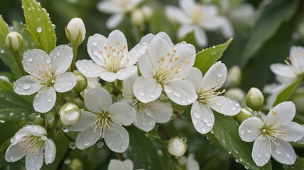 Fototapeta premium Close-up of delicate white flowers covered in morning dew.