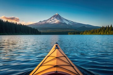 Kayaking on lake with mountain view