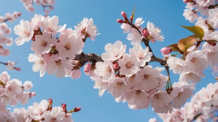 Delicate pink cherry blossoms against a clear blue sky.