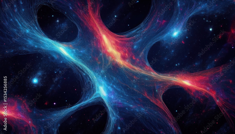 Poster vivid interstellar energy stream with swirling blue and red plasma threads in deep space, perfect fo