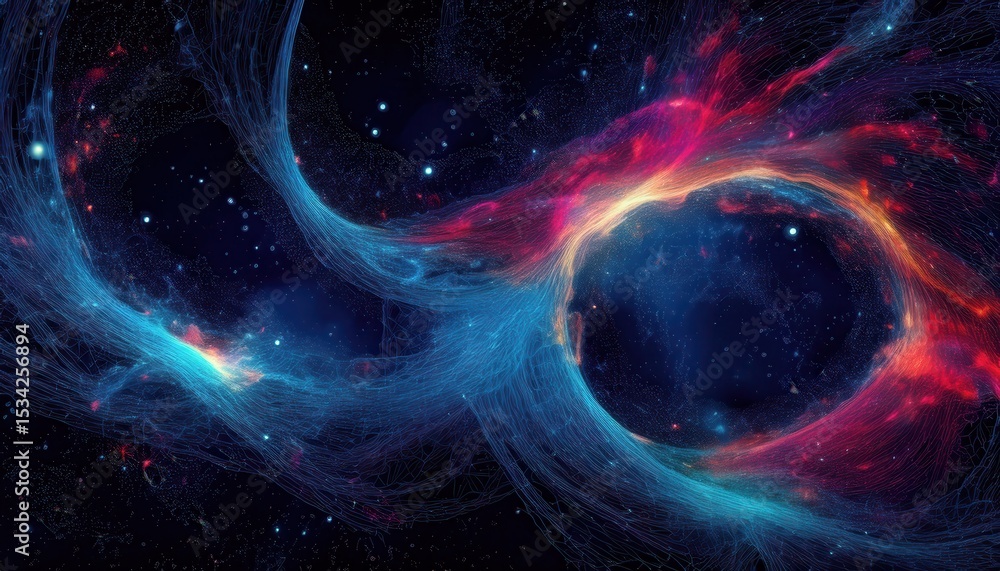 Poster vivid interstellar energy stream with swirling blue and red plasma threads in deep space, perfect fo
