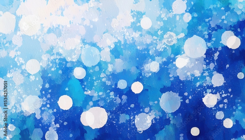 Poster ethereal blue watercolor background with white bokeh light orbs and paint splatter texture ideal for
