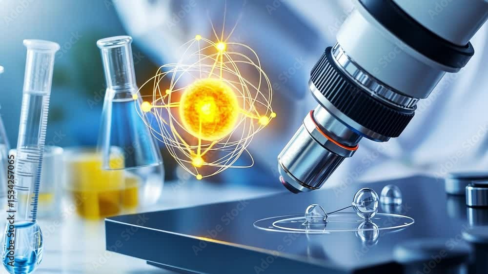 Poster a microscope with a network-like structure, lab equipment with glowing effects. glass tubes with liq