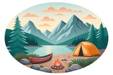 Camping scene with tent and mountains illustration