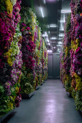 Hallway lined with vibrant floral displays leading to a gray double door end
