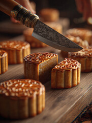 Close up of a knife cutting a mooncake on a wooden surface with other mooncakes
