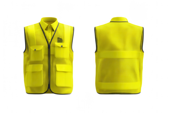 a yellow safety vest mockup with front and back views on a grey background, png, transparent - Powered by Adobe