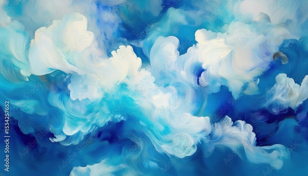 Poster ethereal abstract cloudscape in swirling blue tones with soft textures and fluid brushwork for web design, branding, poster, or background illustration use

