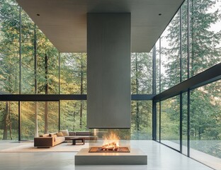 Modern minimalist living room with a prominent fireplace