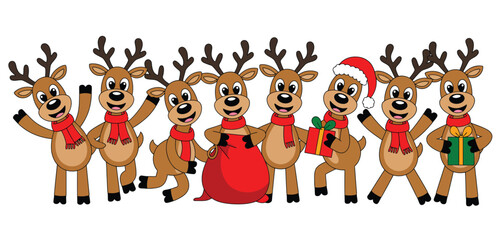 Seven Cheerful Cartoon Reindeer Celebrating Christmas