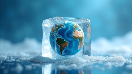 Miniature Earth Globe Frozen Inside Ice Cube – Climate Change Symbol, Environmental Awareness, Ice Age Concept or Global Warming. 
