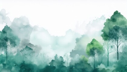 serene watercolor forest landscape with misty green pine and deciduous trees for website background, nature-themed branding, or minimalist wall print design

