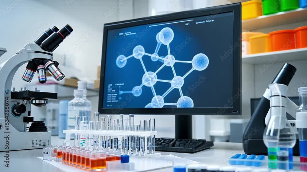 Poster modern laboratory equipment: a view of a science lab with a microscope, computer screen, and test tu