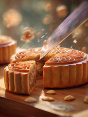 A mooncake being cut with a knife on a wooden surface with small round cookies