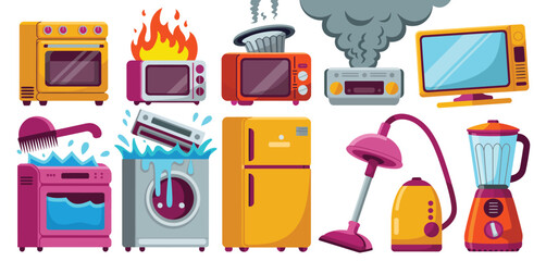 Household Appliance Malfunctions Cartoon Illustrations