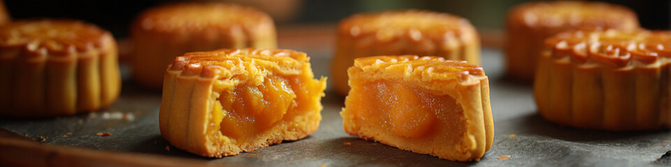 Close up of mooncakes with one cut in half revealing the filling inside it