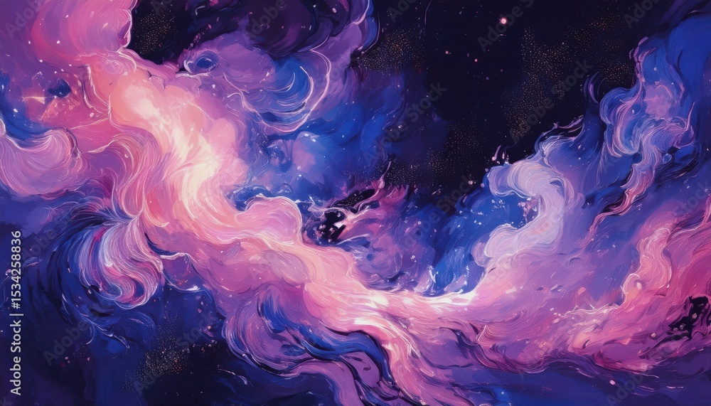 Poster ethereal pink and blue cosmic nebula swirl with stars and planets for surreal web design, dreamy pri