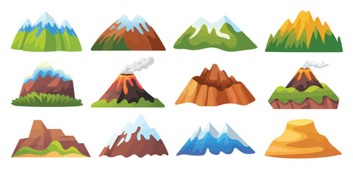 Cartoon Mountain and Volcano Illustrations Set
