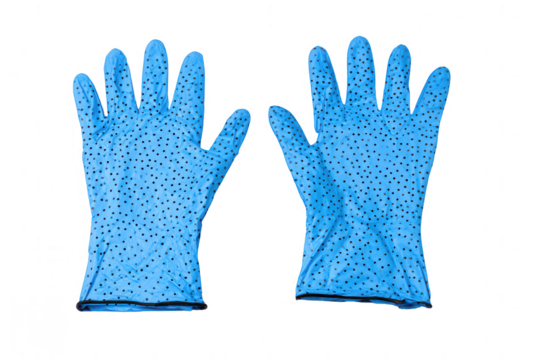 Blue medical gloves with black dots on the wrists, isolated on a white background, png, transparent