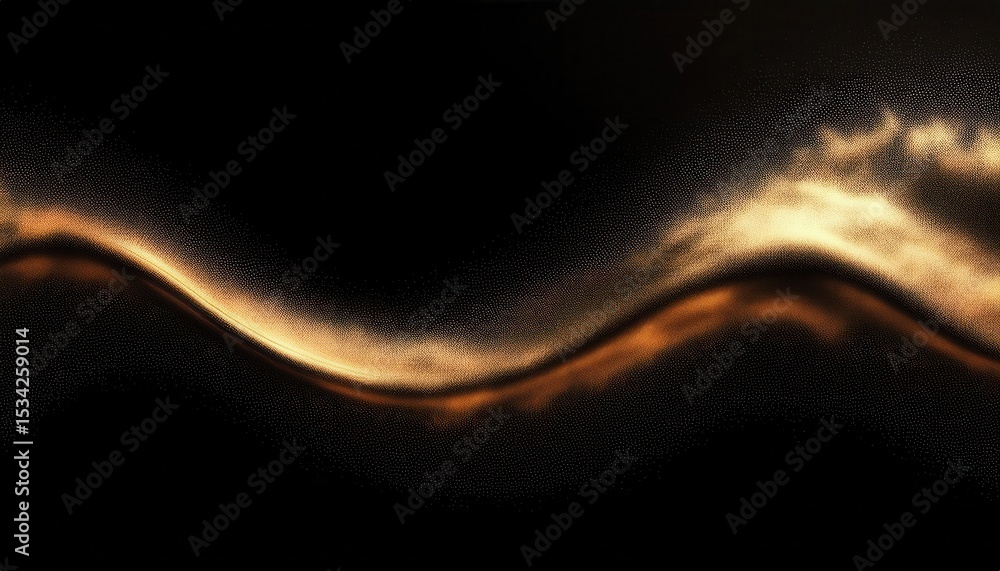 Poster abstract golden wave of glowing particles and light trails on black background for futuristic web design, digital branding, tech interface, or sci-fi print visual

