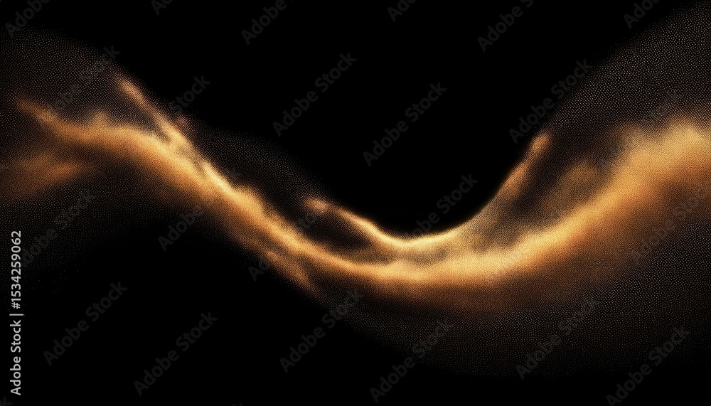 Poster abstract golden wave of glowing particles and light trails on black background for futuristic web design, digital branding, tech interface, or sci-fi print visual

