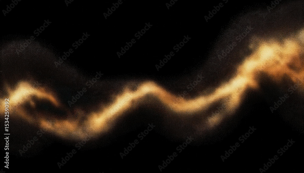 Poster abstract golden wave of glowing particles and light trails on black background for futuristic web design, digital branding, tech interface, or sci-fi print visual

