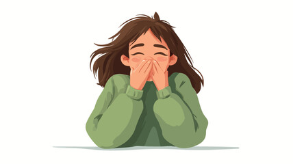 Digital illustration of a young woman with brown hair and a green sweater, covering her face with her hands while laughing. The style is cartoonish, with soft lines and colors. The background is