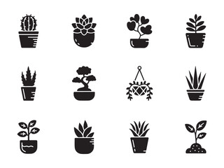 A set of black and white vector icons depicting various types of houseplants in pots vector art on white
